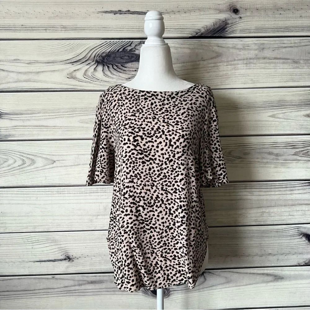 H&M Beige & Black Cheetah Print Flutter Sleeve Top